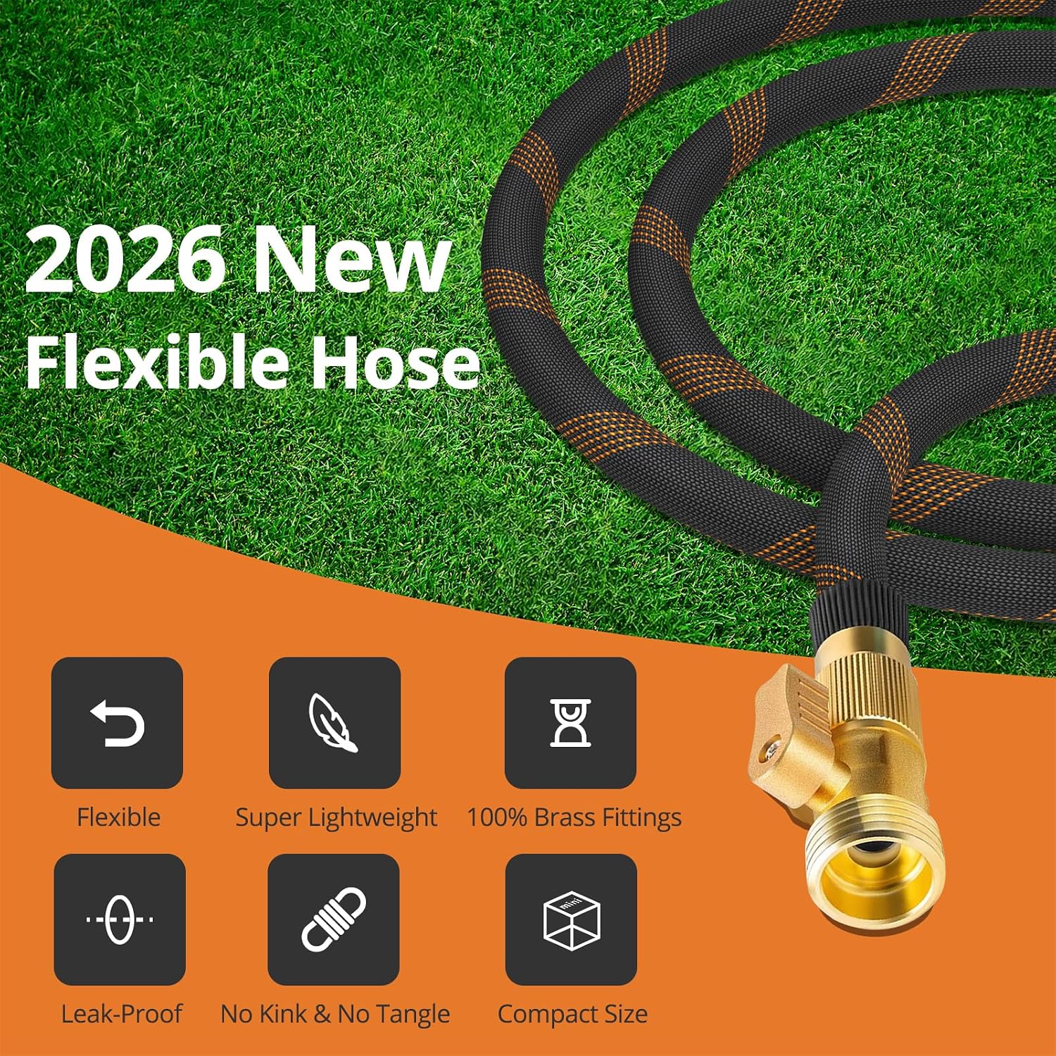 Garden Hose 100ft, 2026 New Flexible Water Hose with 10 Function Nozzle, Solid Brass Fittings, Lightweight, No Kink, Leak-proof, Durable Fabric Hose for Gardening, Cleaning, Car Washing