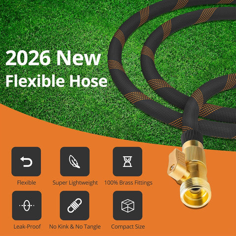 Garden Hose 100ft, 2026 New Flexible Water Hose with 10 Function Nozzle, Solid Brass Fittings, Lightweight, No Kink, Leak-proof, Durable Fabric Hose for Gardening, Cleaning, Car Washing