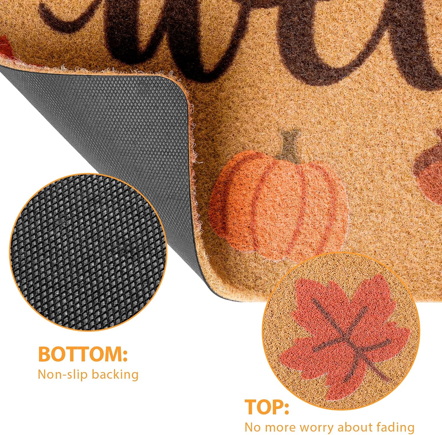 Fall Welcome Door Mat for Front Door, Pumpkin & Maple Leaves Doormat Design