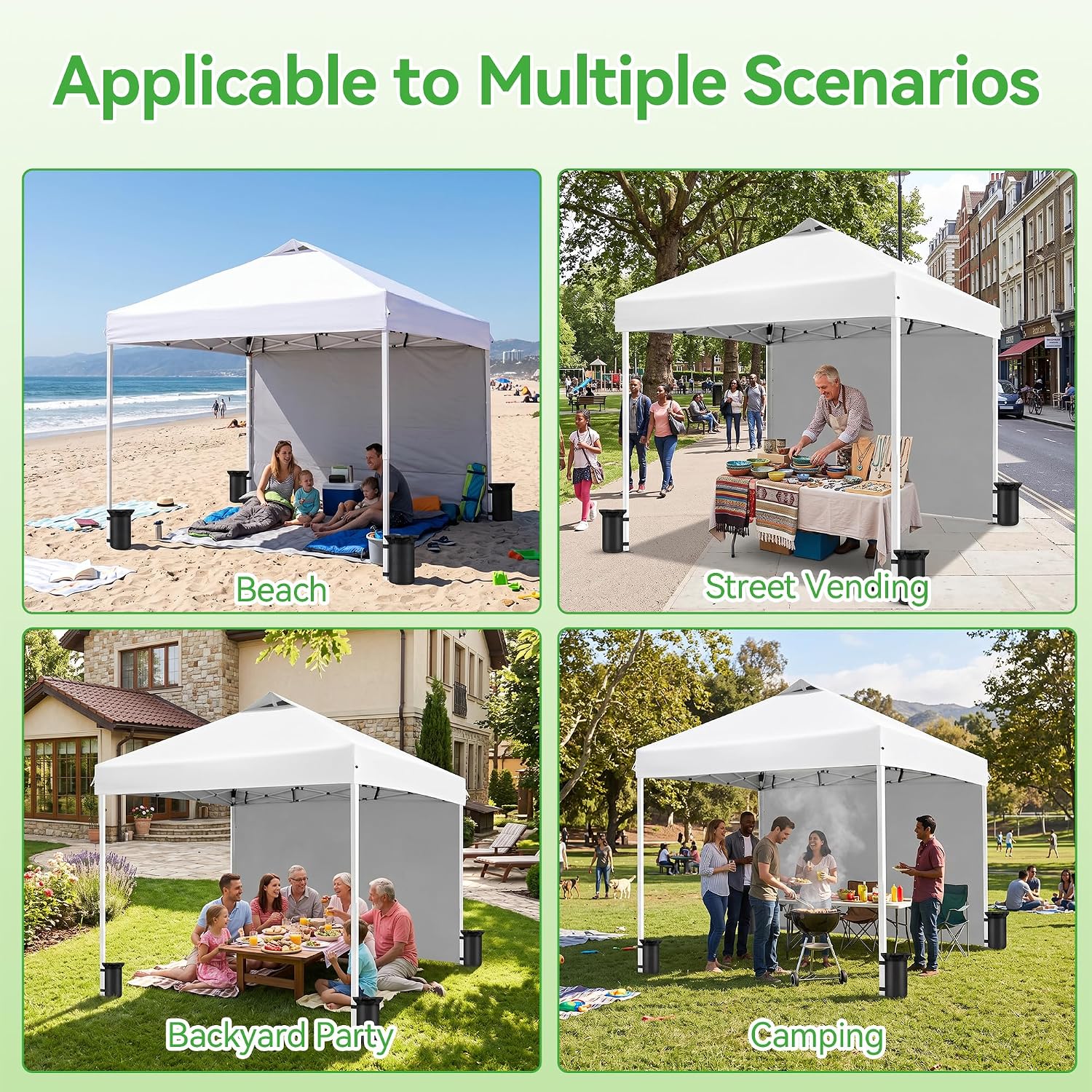 10X10FT Pop Up Gazebo, Adjustable Height Outdoor Canopy Tent with 1 Sidewall, Roller Carrybag, Ground Spikes & Sandbags for Camping, Patio, Backyard, Events, White