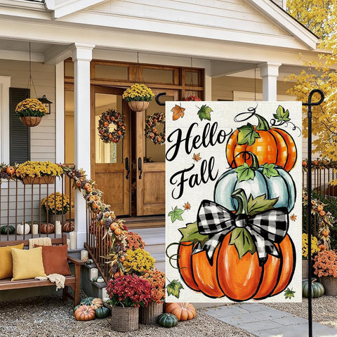 Hello Fall Garden Flag 12x18 Inch, Pumpkin Double Sided Flag