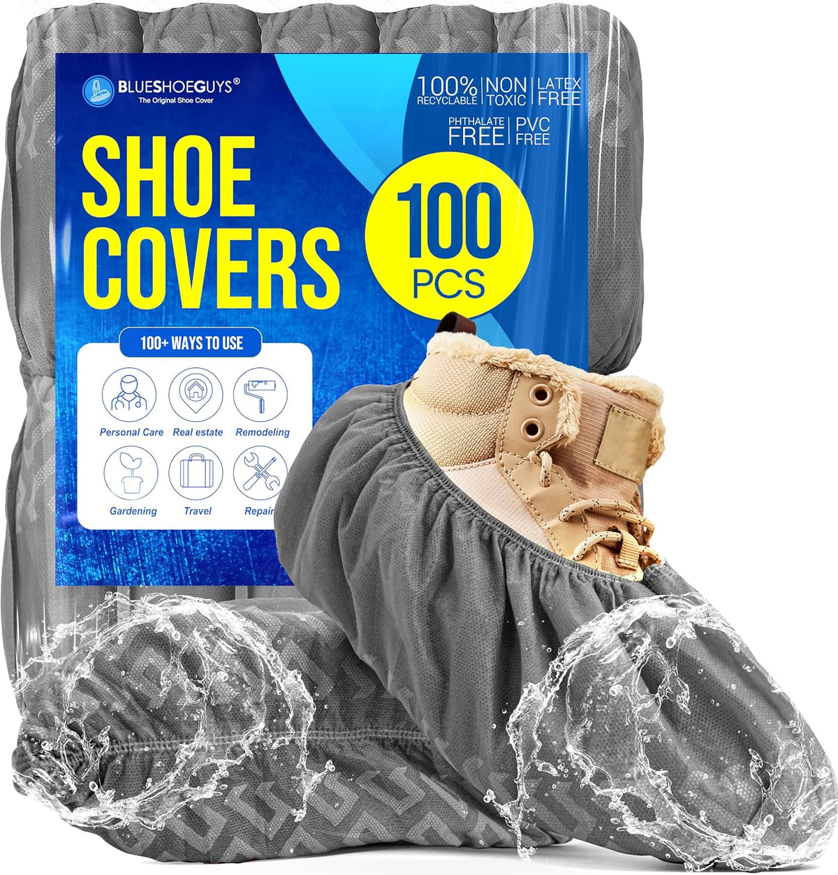 Premium Boot & Shoe Covers Disposable Booties - 100 Pack - Durable, Non-Slip, Non-Toxic, Water Resistant, Recyclable Protectors for Indoor & Outdoor - Large Size Fits Most Shoes
