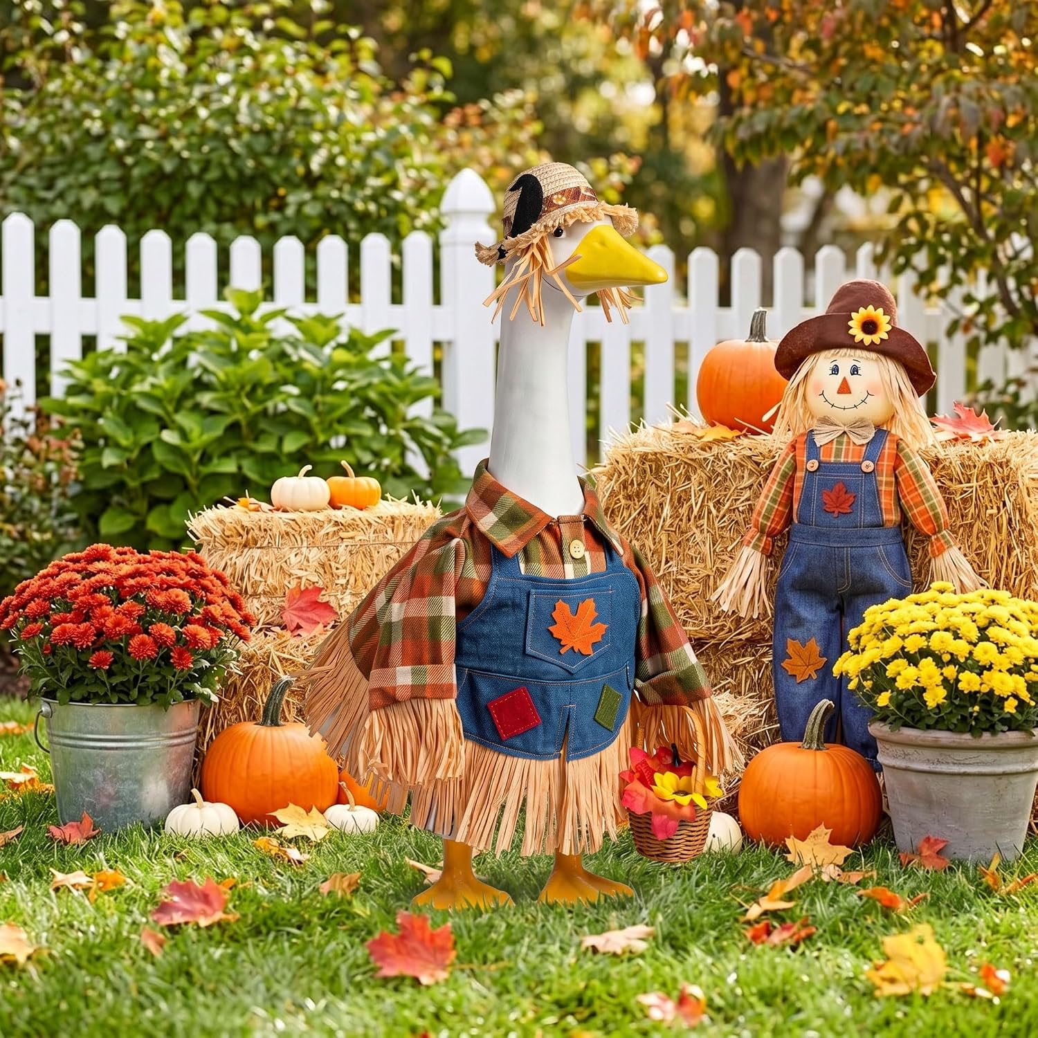 Fall Scarecrow Porch Goose Outfits Fits 23" Yard Outdoor Patio Goose Statue