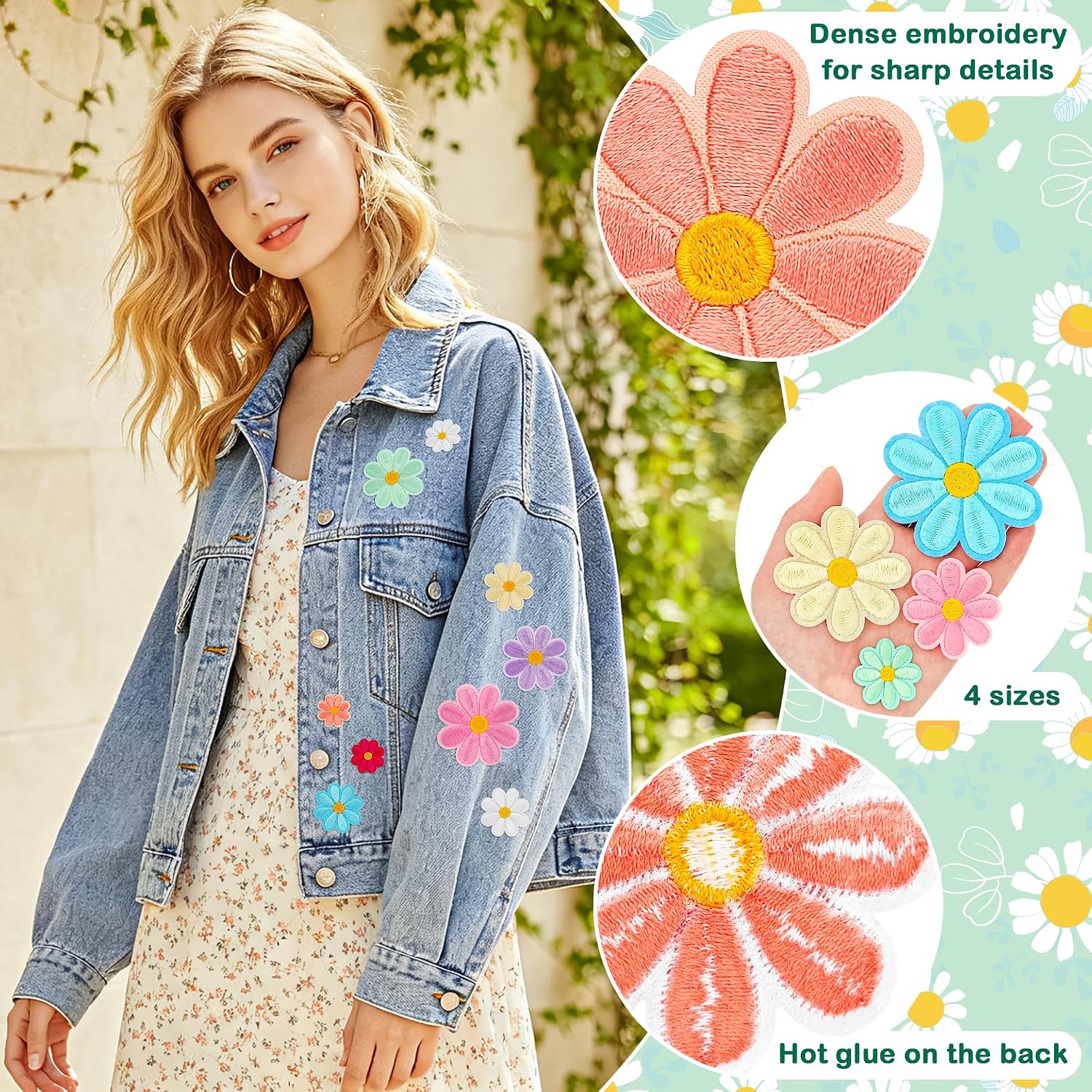 32Pcs 4 Sizes Daisy Flower Iron on Patches, Cute Embroidered Floral Applique Patches for Clothes, Bags, Hats, Jackets, Jeans and Backpacks(Large)