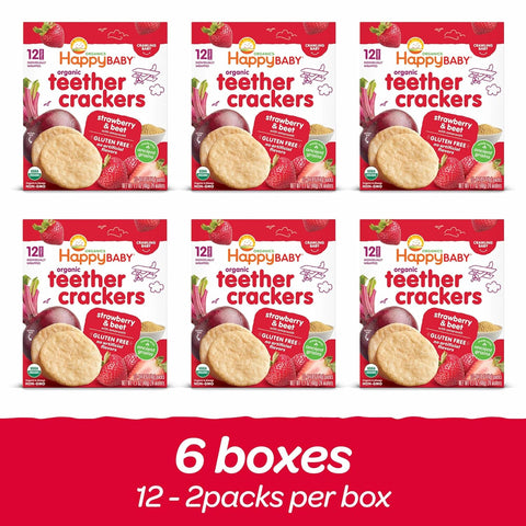 HAPPY BABY Teething Crackers, Strawberry & Beet, Gluten-Free, 12ct (6 Pack)