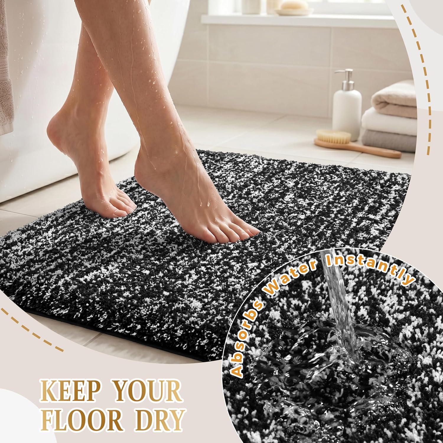 Yimobra Black and White Bathroom Rugs Non Slip Washable, Ultra Soft and Water Absorbent Bath Mats, Plush Fluffy Shower Mat Outside, Microfiber Thick Matts for Bathroom Floor/Sink, 24x17
