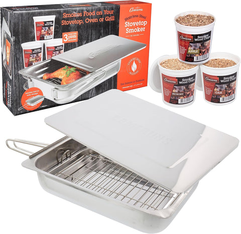 Camerons Original Stovetop Smoker, Oak, Apple, Hickory Wood Chips & Recipes