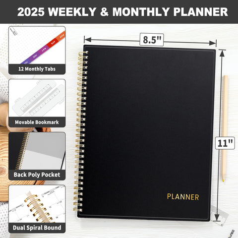 SUNEE 2025 Weekly and Monthly Planner - from January 2025 - December 2025, 8.5"x11" Daily Agenda Planner with Monthly Tab, Flexible Cover, Note Pages, Pockets, Bookmark, Spiral Binding, Black