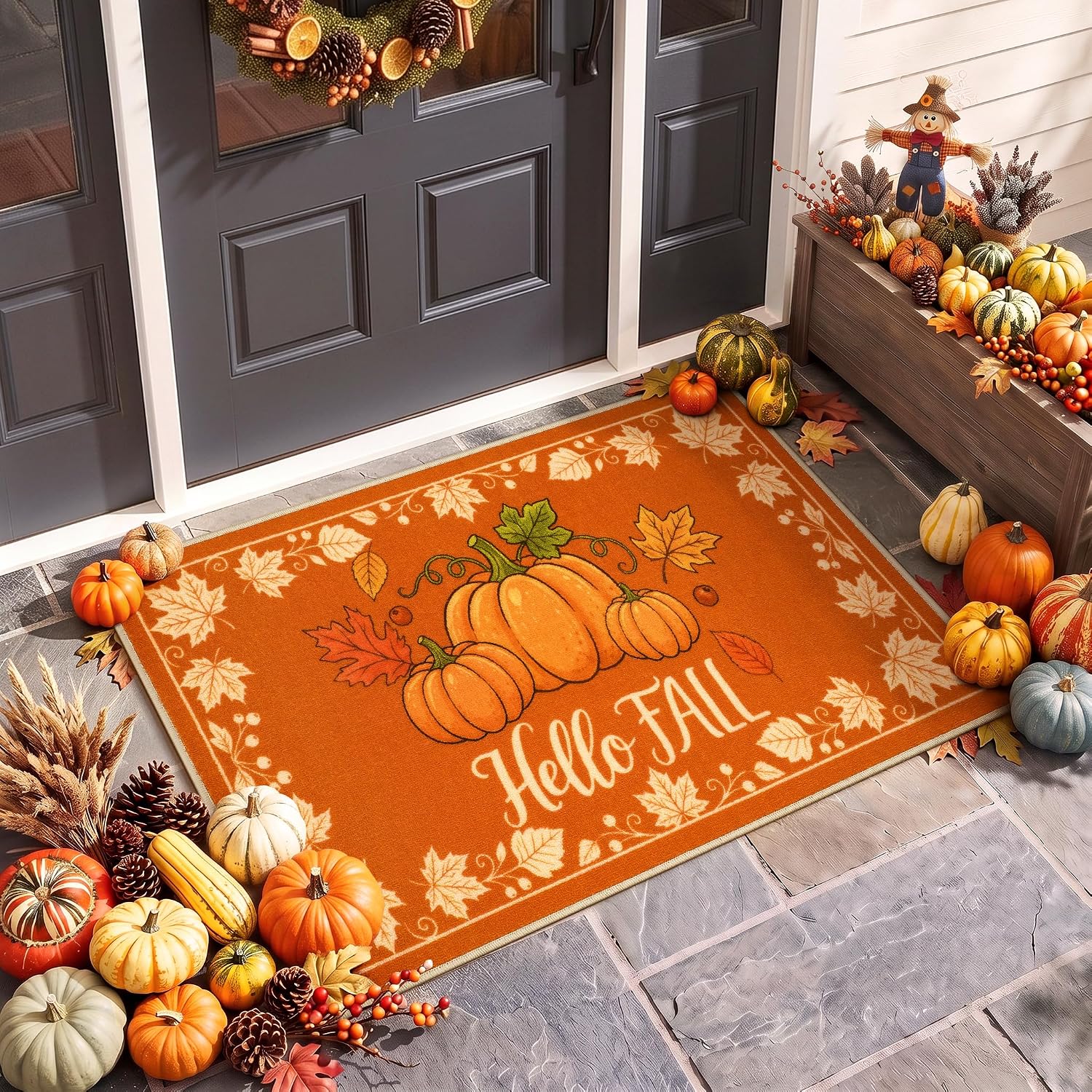 Fall Front Door Mat 2'x3', Hello Pumpkin Welcome Mat for Porch Rugs