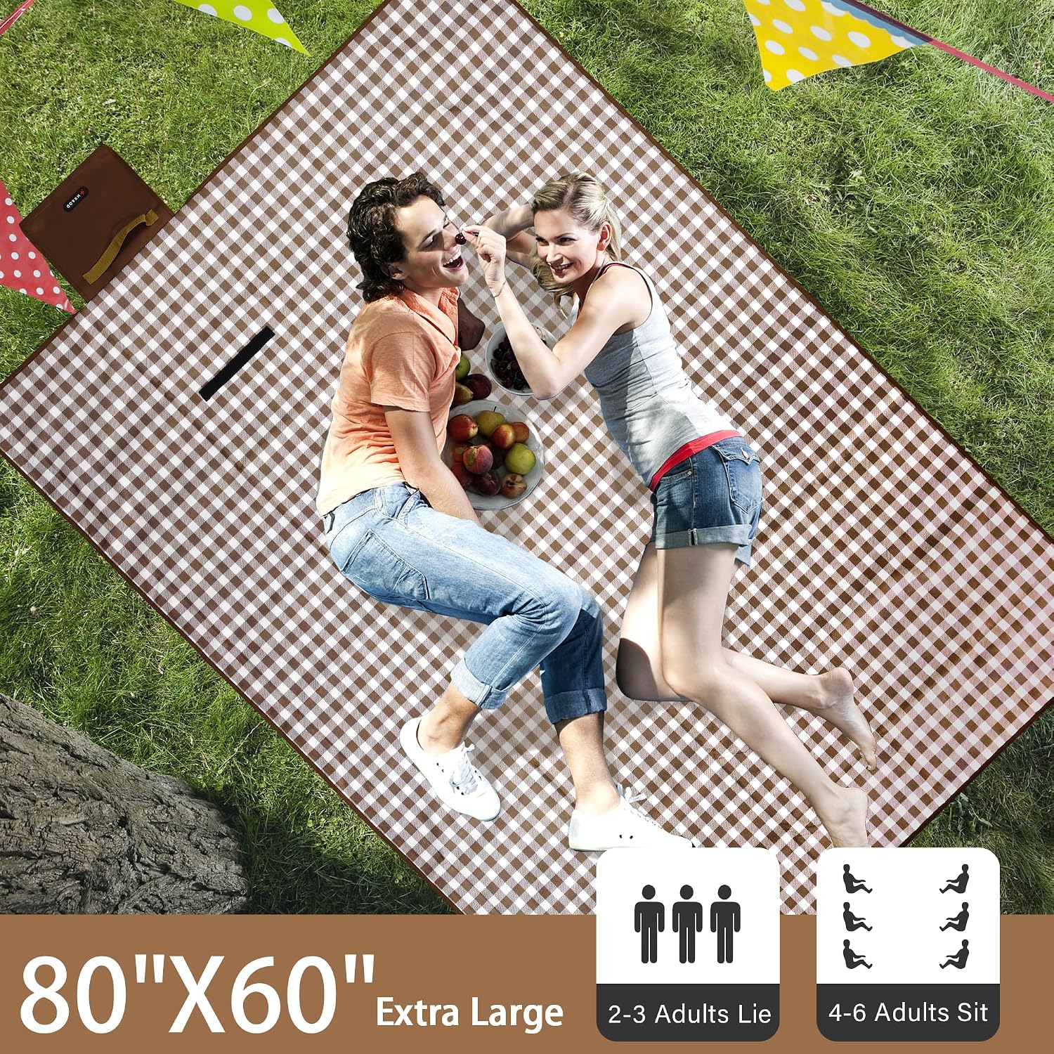 HX&OD Picnic Blanket Outdoor Extra Large Picnic Mat 80"X60" Camping Blanket Beach Blanket Foldable Waterproof Sand Mat Hiking Travel Family Concerts(Brown)