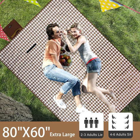 HX&OD Picnic Blanket Outdoor Extra Large Picnic Mat 80"X60" Camping Blanket Beach Blanket Foldable Waterproof Sand Mat Hiking Travel Family Concerts(Brown)