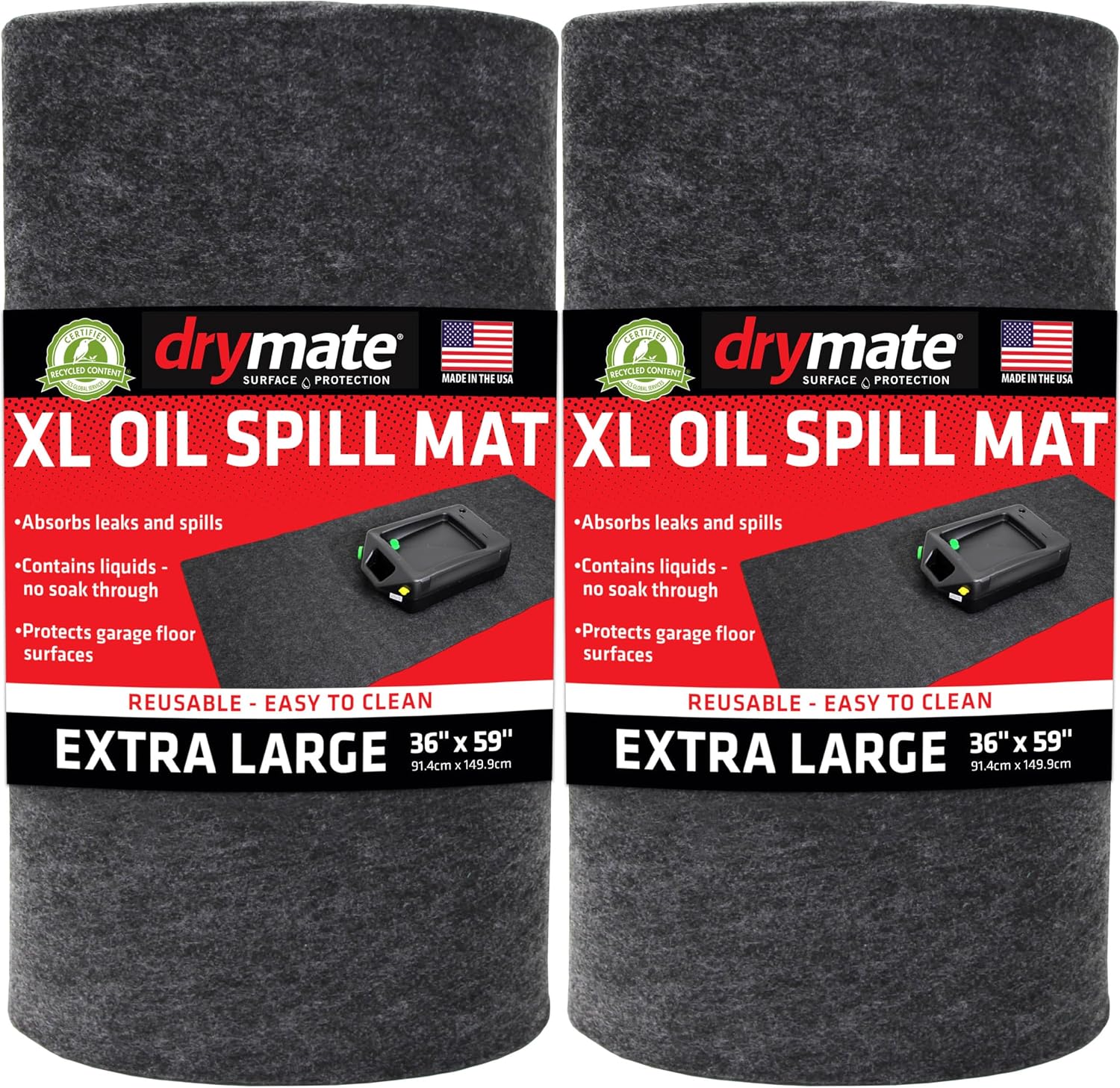 Drymate XL Oil Spill Mat (36" x 59") (2-Pack), Premium Absorbent Oil Pad, Reusable, Washable, Durable, Waterproof Backing Contains Liquids, Protects Garage Floor Surface (USA Made)