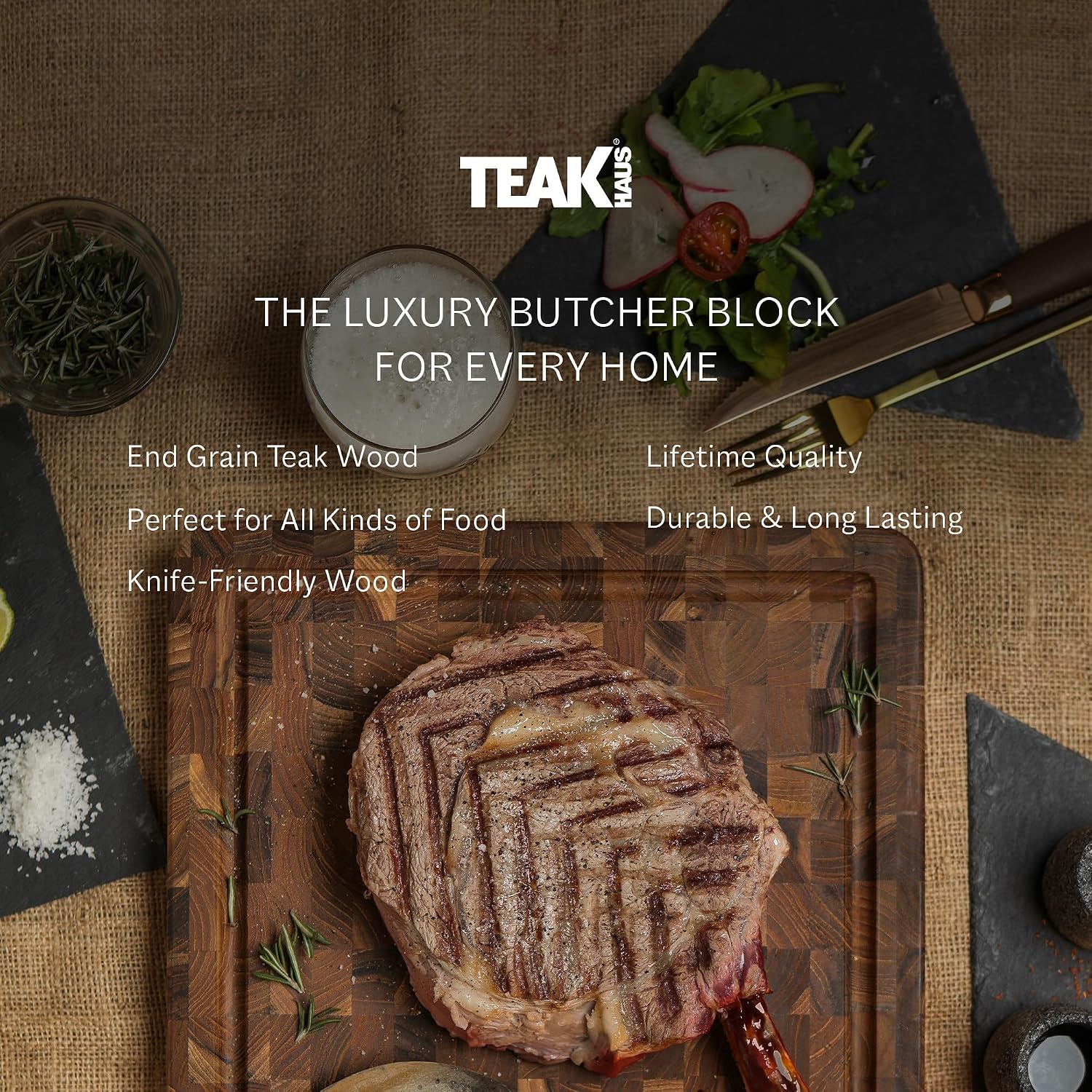 Teakhaus Thick End Grain Butcher Block with Juice Groove, Medium