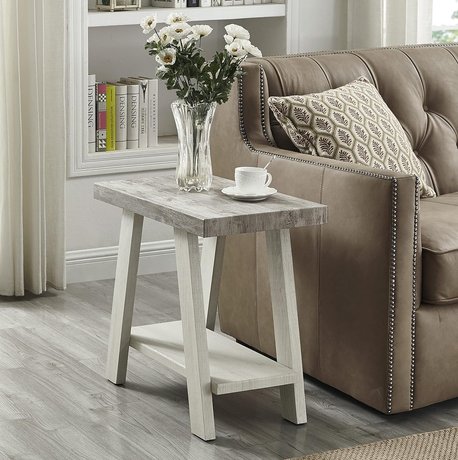 Roundhill Furniture Athens Contemporary Two-Tone Wood Shelf Side Table, Weathered Gray and Beige