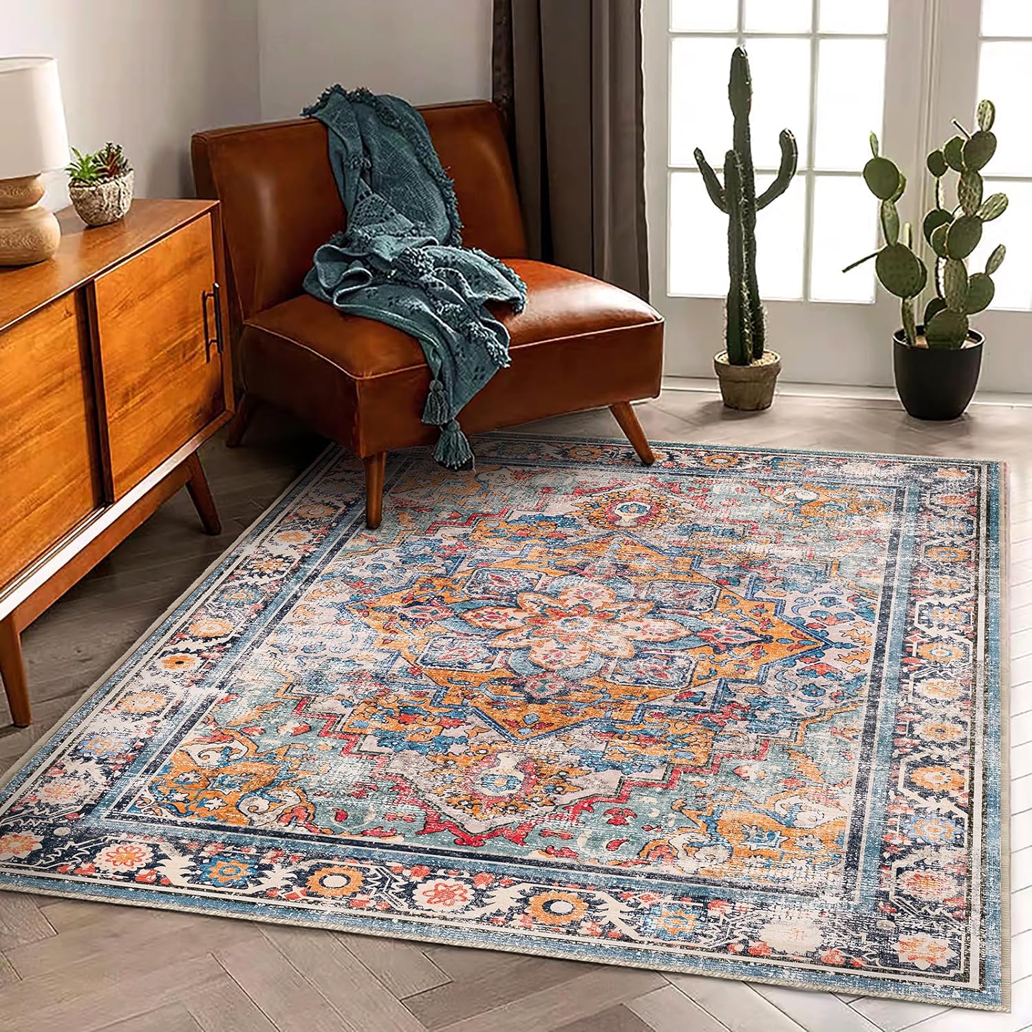 CHAMPLANT 6'x9' Washable Vintage Area Rug Boho Chic Medallion Distressed Design Non-Shedding Easy Care Ideal for High Traffic Areas in Living Room Bedroom Kitchen Office Large Carpet