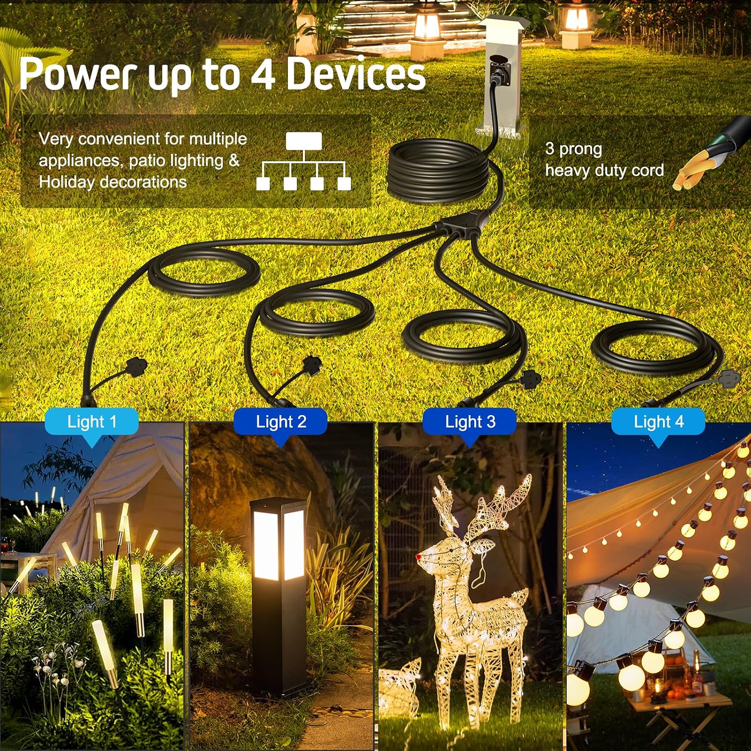 Eversimpleinc Black 1 to 4 Splitter Outdoor Extension Cord 28 FT 4 Outlets