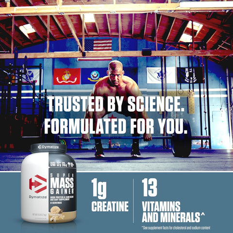 Dymatize Super Mass Gainer Protein Powder, Gourmet Vanilla, 52g Protein, 1g Creatine, 1280 Calories, 10.7g BCAAs, 245g Carbs, Contains Whey Protein Powder, Isolate, and Casein (8 Servings)