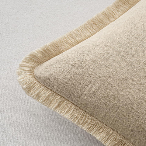 MIULEE Boho Linen Fringe Decorative Throw Pillow Covers Beige 16x16