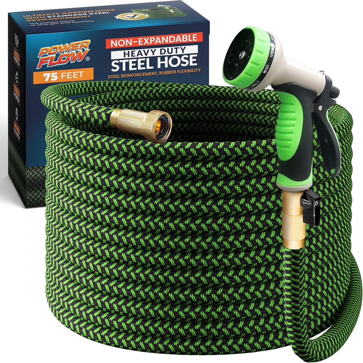 PowerFlow Metal Garden Hose, 75 Ft Non-Expandable Water Hose, Green