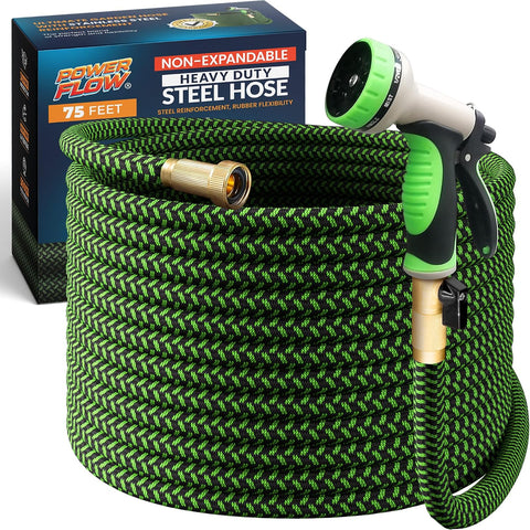 PowerFlow Metal Garden Hose, 75 Ft Non-Expandable Water Hose, Green