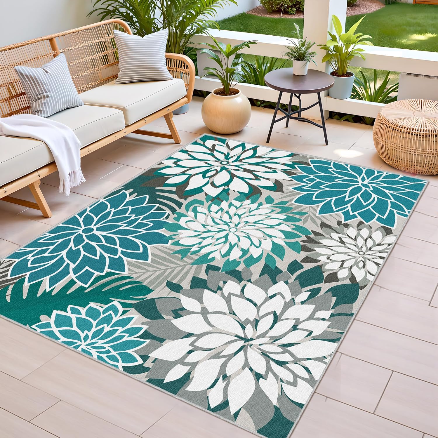 Arenarug Outdoor Rug Waterproof, Washable Patio Rug for Deck, 9x12, Teal