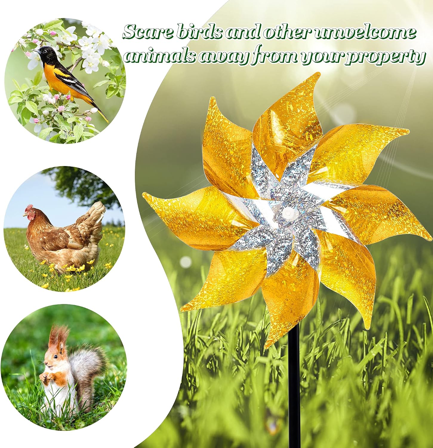 Hausse 10 Pack Reflective Pinwheels with Stakes (Assembly Required), Extra Sparkly Pin Wheel for Garden Decor, Bird Repellent Devices Deterrent to Scare Birds Away from Yard Patio Farm, Golden