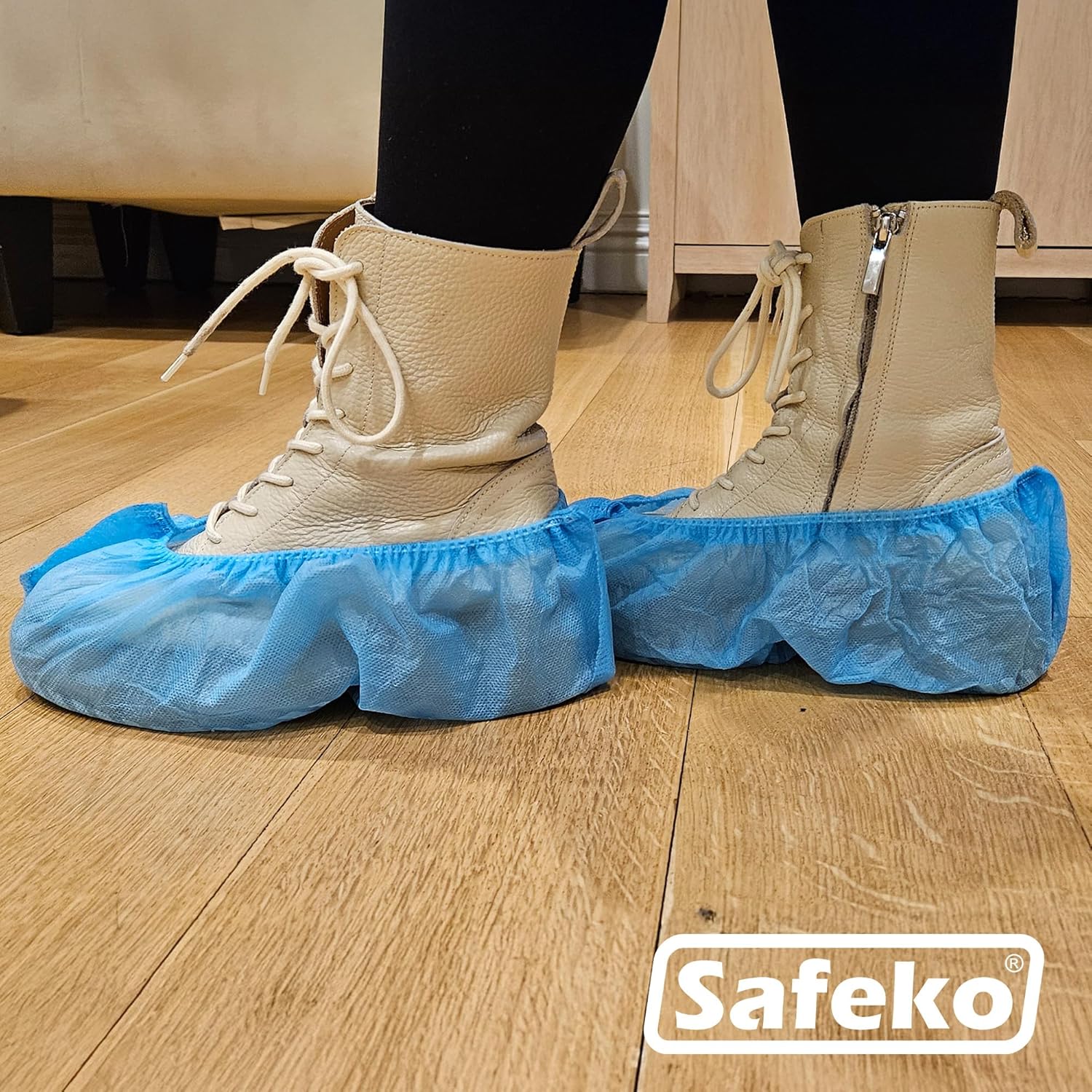 Premium Disposable Boot & Shoe Covers Booties, Durable, Non-Slip, Non-Toxic, Recyclable Protectors, Fits Most Shoes - Blue - Pack of 100 (50 Pairs)