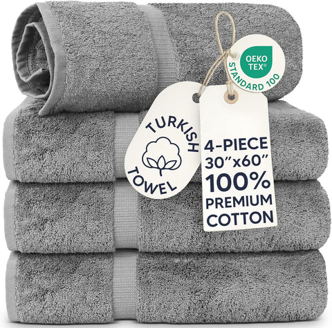 Chakir Turkish Linens 100% Cotton 4-Pack Bath Towels 30x60, Gray