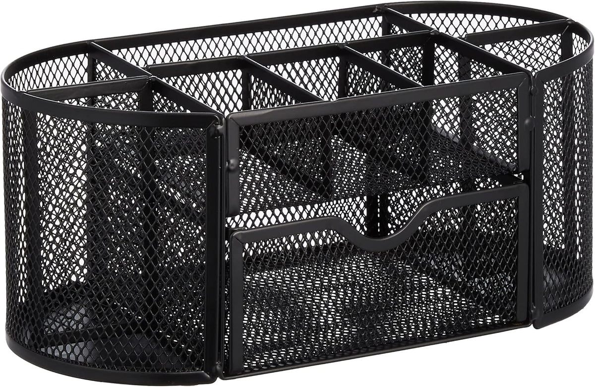 Amazon Basics Mesh Desk Organizer with Pen Holder, Pullout Drawer and Office Caddy Storage, 9.25" x 4.53" x 3.94", Black