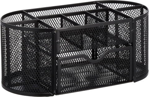 Amazon Basics Mesh Desk Organizer with Pen Holder, Pullout Drawer and Office Caddy Storage, 9.25" x 4.53" x 3.94", Black