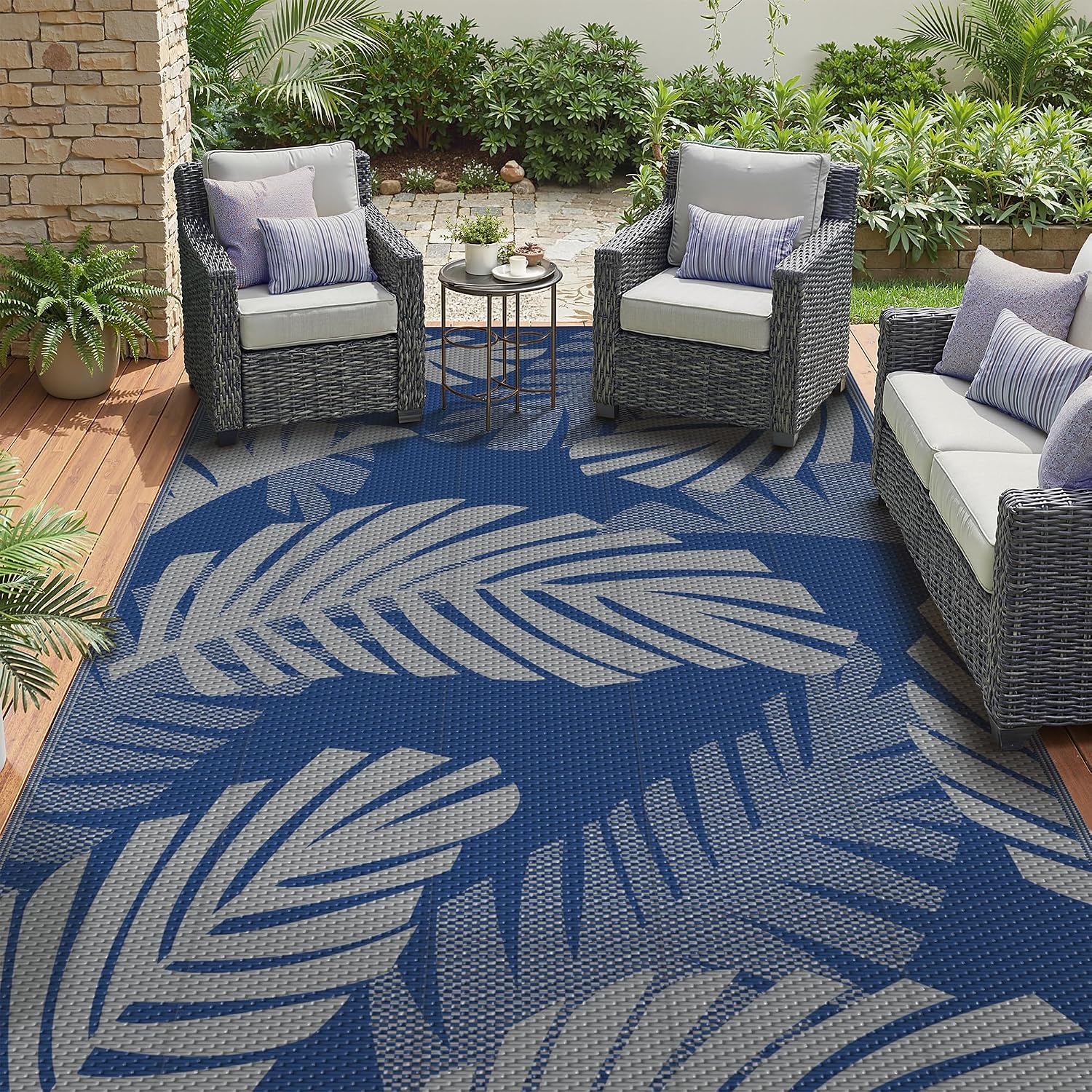 GENIMO Outdoor Rug, Waterproof Plastic Rugs for Patio, 6'x9' Blue Grey