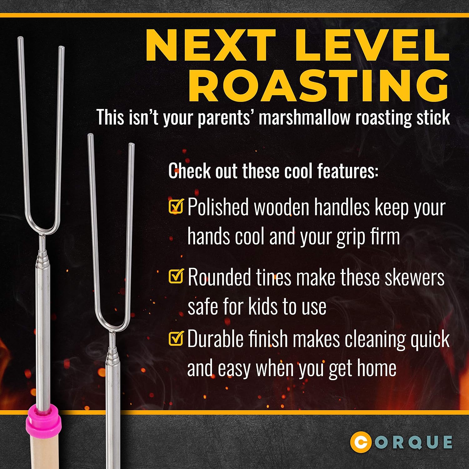 CORQUE Marshmallow Roasting Sticks, Smores Sticks, Extendable, Camping Skewer for Fire Pit, Wooden Handle, 32inch Metal for BBQ Hotdog, Cooking, Campfires, Bonfires, Set of 8