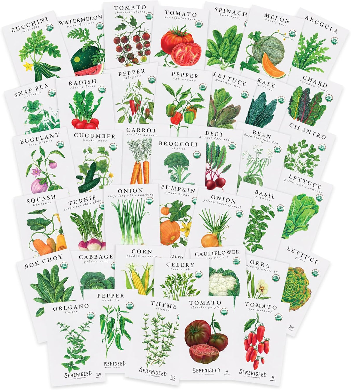 Sereniseed Organic Vegetable Seeds (40-Pack) – Non GMO, Open Pollinated - Basil, Snap Pea, Broccoli, Bean, Jalapeno, Tomato, Lettuce, Cucumber, Carrot, Zucchini Seeds for Planting