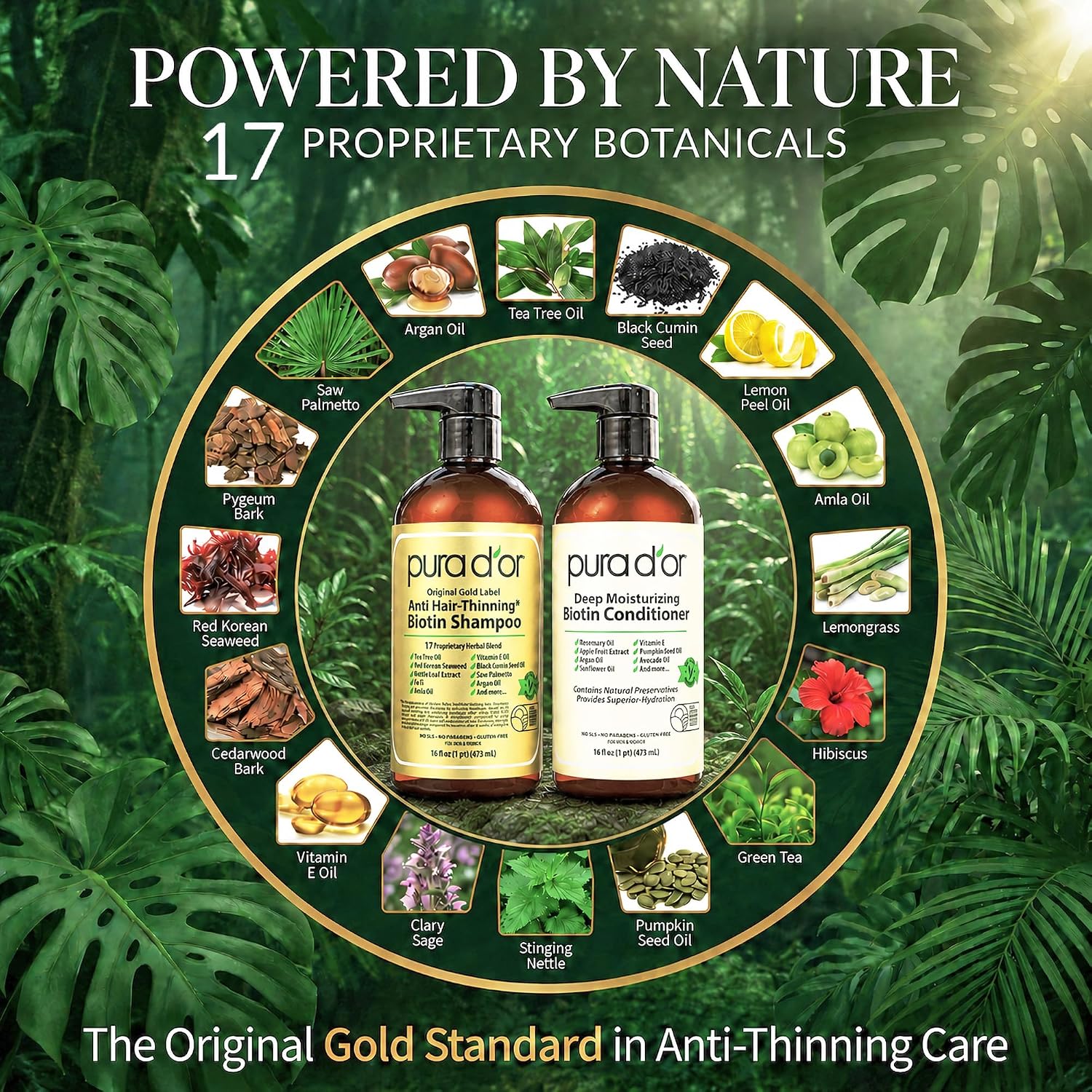PURA D'OR Gold Label Anti-Thinning Biotin Shampoo & Conditioner, 16oz x2 | Thicker-Looking Hair, Clinically Tested, Botanical Extracts, Aloe Vera Base, Men & Women, Sulfate-Free, Natural Earthy Scent