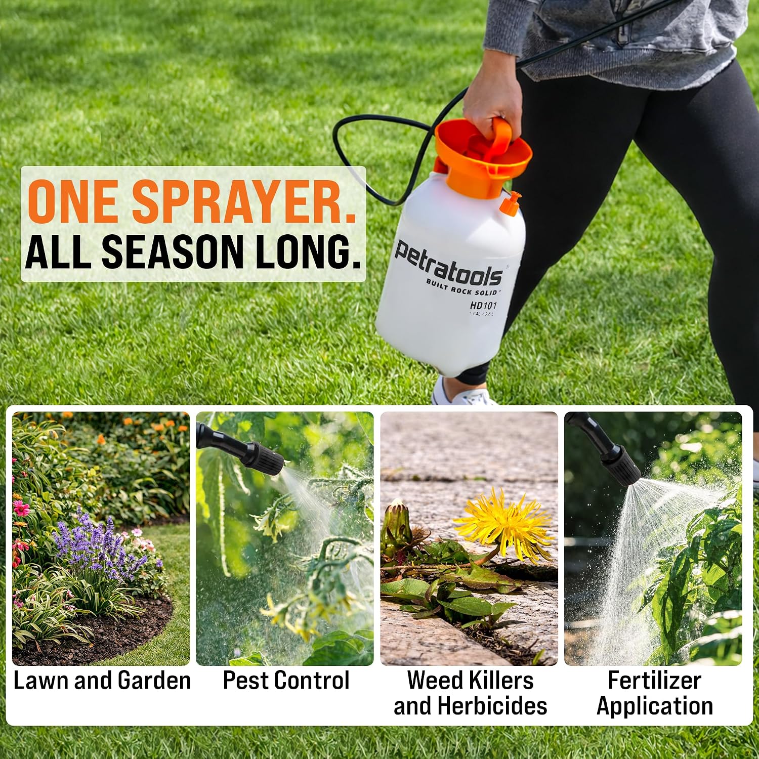 PetraTools HD101 Garden Pump Sprayer, 52-in Long Hose & 2 Nozzles, 1 Gallon