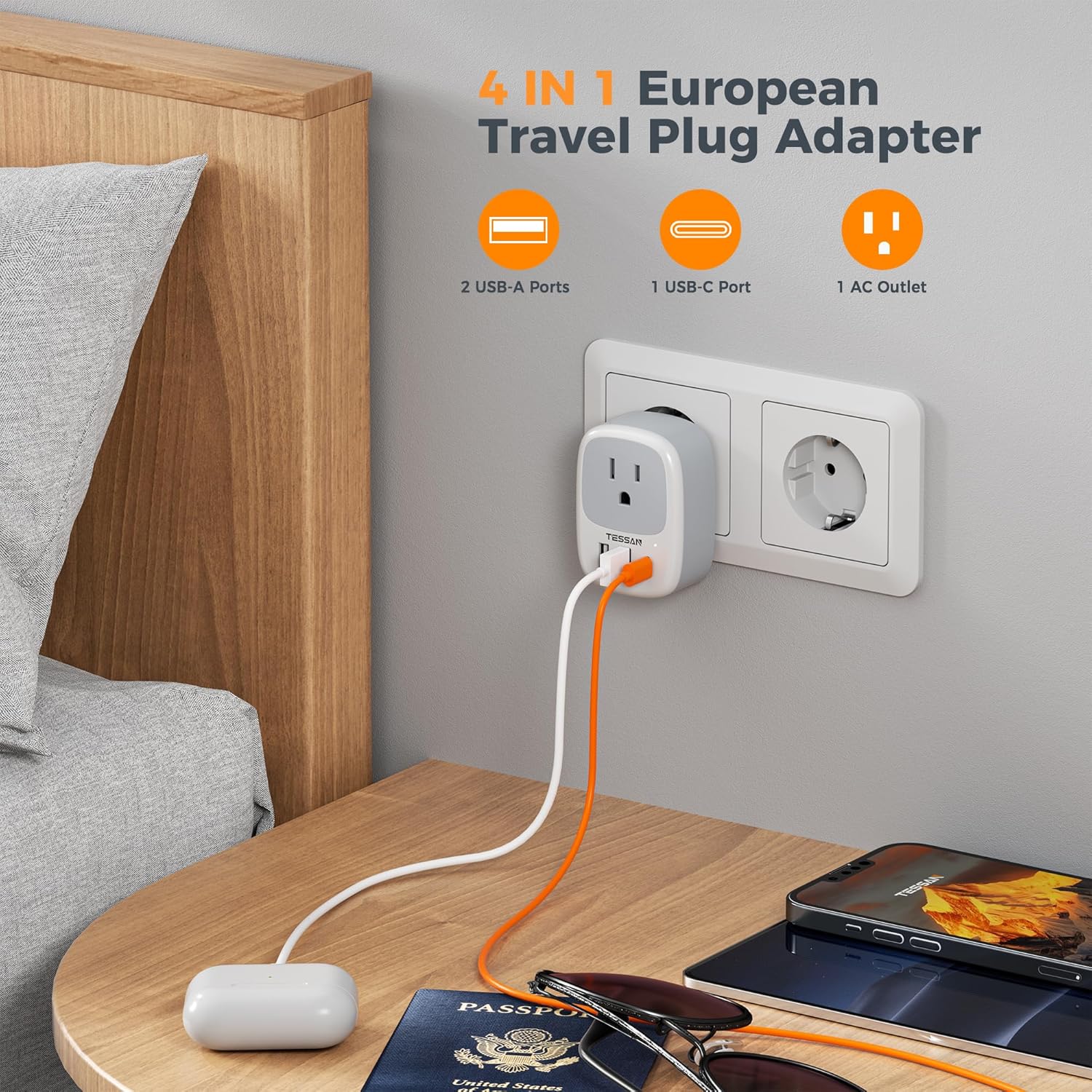 TESSAN 3 Pack US to European Travel Plug Adapter with 3 USB Ports (1 USB C)