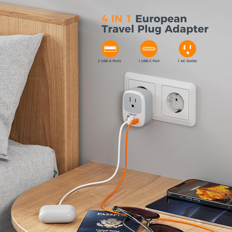 TESSAN 3 Pack US to European Travel Plug Adapter with 3 USB Ports (1 USB C)