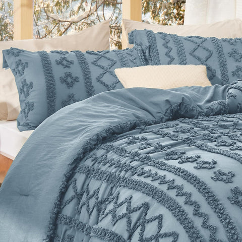 Bedsure Tufted Boho Comforter Set Queen Size - Dusty Blue Boho Bed Set, GentleSoft™ 3 Pieces Farmhouse-Style Embroidery Bedding, Gifts for Woman, Soft Jacquard Kids' Queen Comforter for All Seasons
