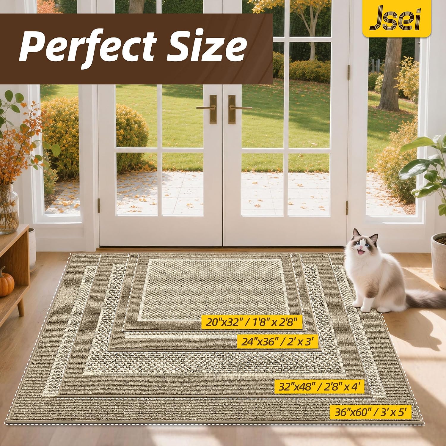 JSEI Dirt Trapper Door Mat 24"x36", Non-Slip Doormat,Beige