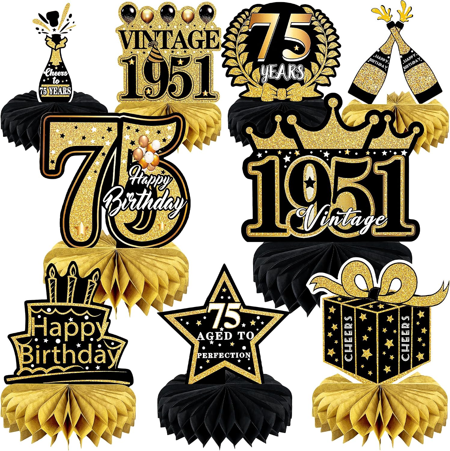 9 Pcs 75th Birthday Decoration for Men Women Table Honeycomb 1950 Decor