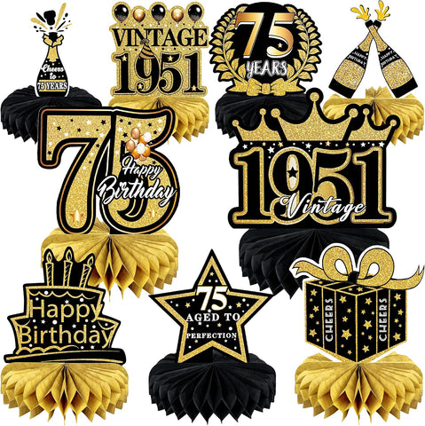 9 Pcs 75th Birthday Decoration for Men Women Table Honeycomb 1950 Decor