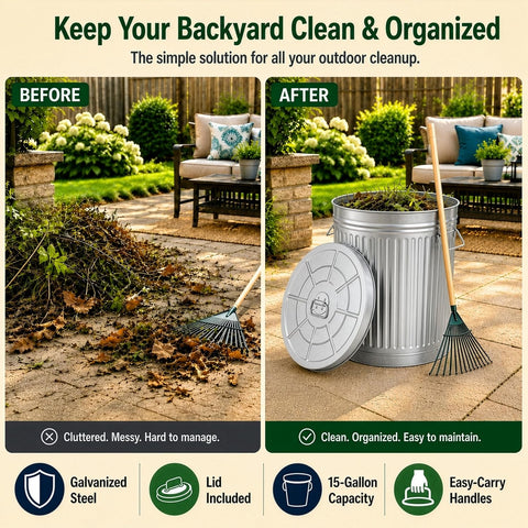 Gardenised Round Galvanized Steel 15 Gallon Trash Can with Lid and Handles Durable Metal Storage Bucket for Backyard Lawn Garden and Yard Use Weather-Resistant Garbage Can for Indoor and Outdoor