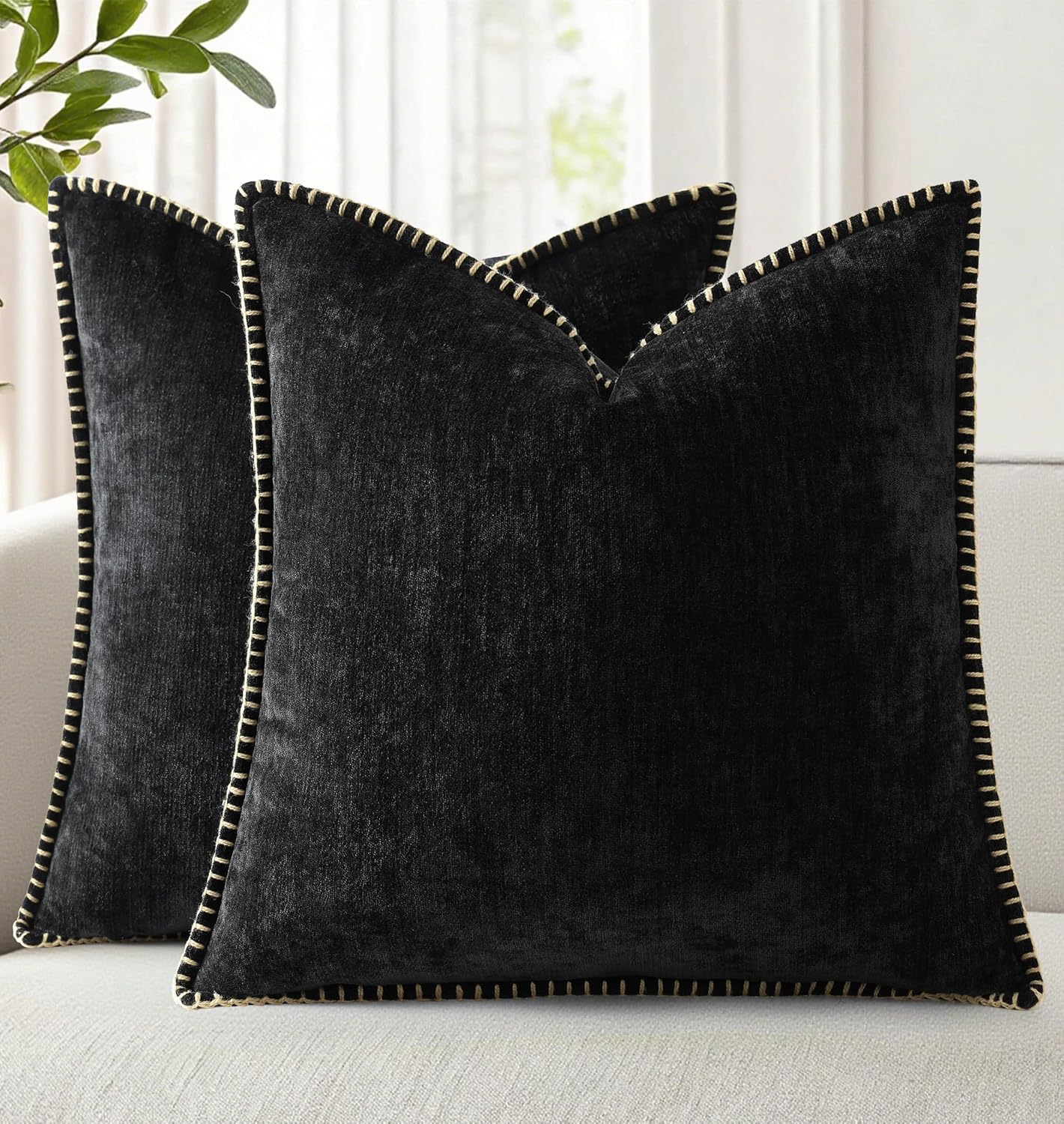 decorUhome Soft Chenille Throw Pillow Covers 18x18 Set of 2 Black