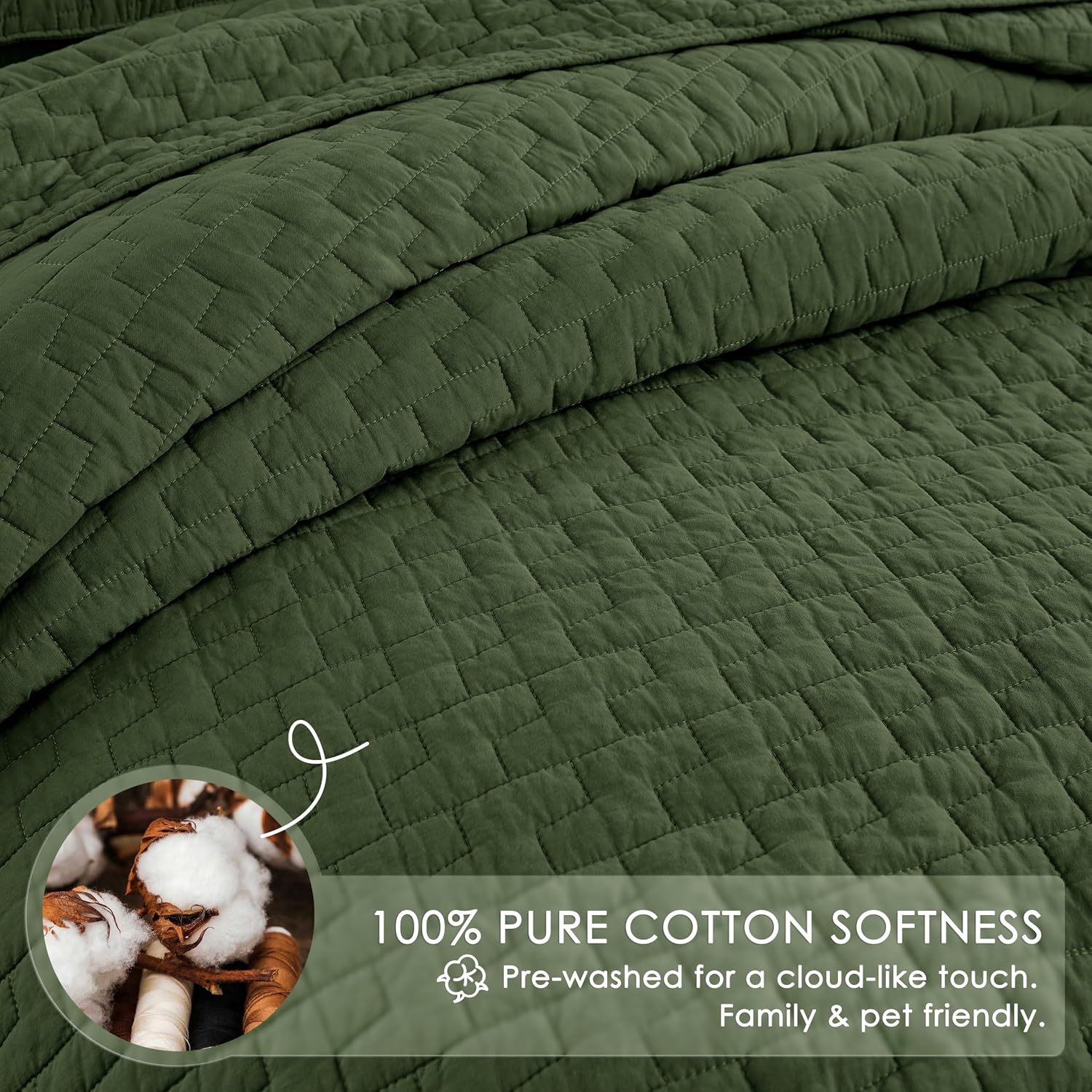 palassio Olive Green 100% Cotton Quilt King Size Bedding Sets with 2 Pillow Shams, Textured Lightweight Soft Bedspread Shabby Chic Coverlet, Quilted Comforter Bed Cover for All Season, 3 Pieces