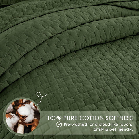 palassio Olive Green 100% Cotton Quilt King Size Bedding Sets with 2 Pillow Shams, Textured Lightweight Soft Bedspread Shabby Chic Coverlet, Quilted Comforter Bed Cover for All Season, 3 Pieces
