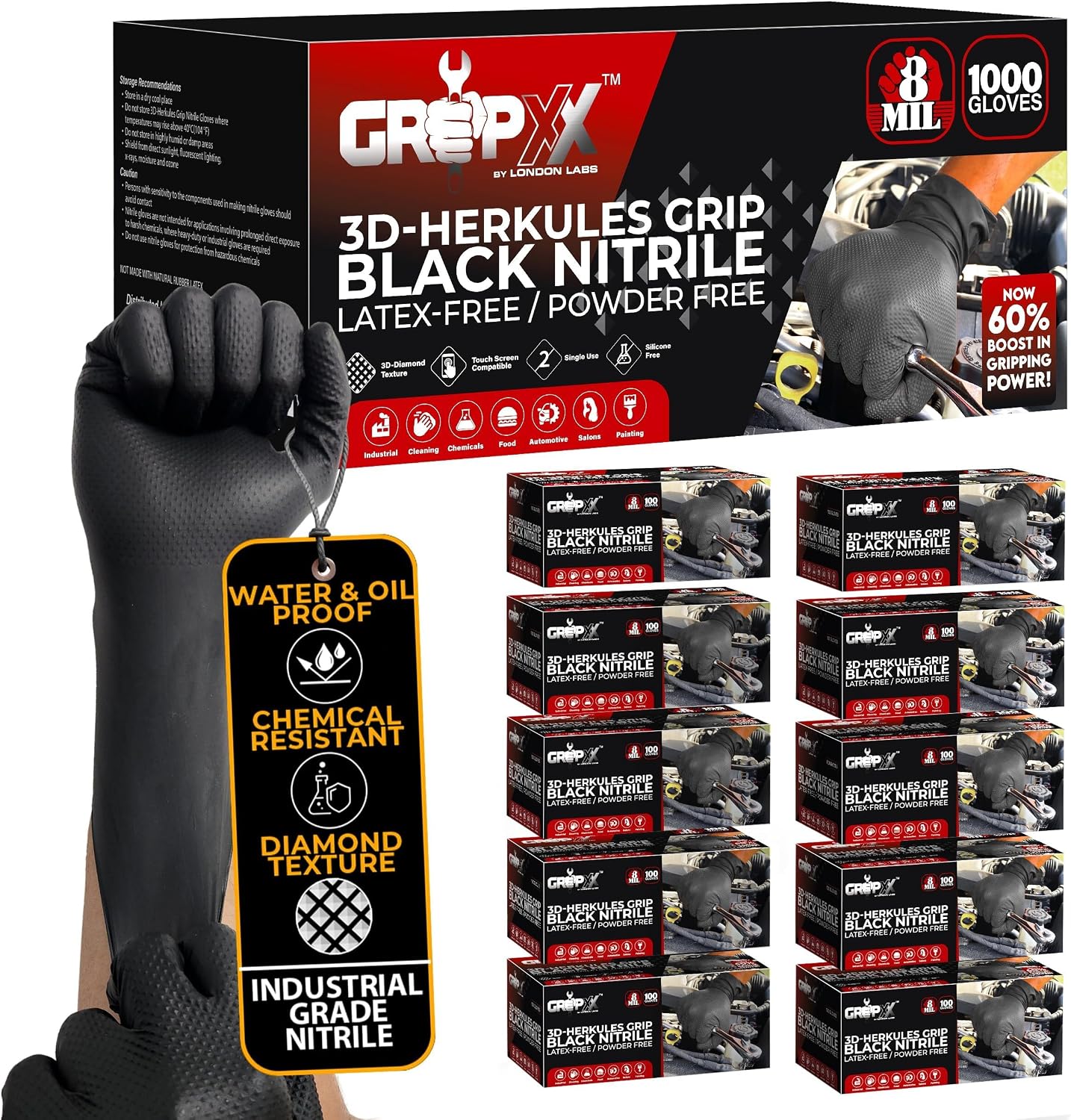 GRIPXX Herkules Grip Heavy Duty 8Mil Black Nitrile Gloves,3D Raised Diamond Texture-Latex & Powder-Free Industrial, Mechanic