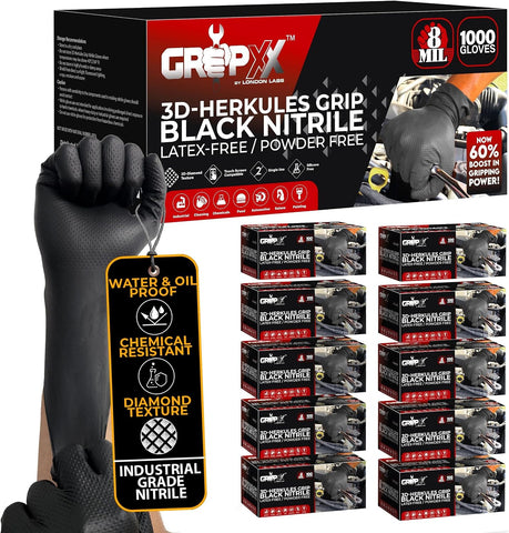 GRIPXX Herkules Grip Heavy Duty 8Mil Black Nitrile Gloves,3D Raised Diamond Texture-Latex & Powder-Free Industrial, Mechanic