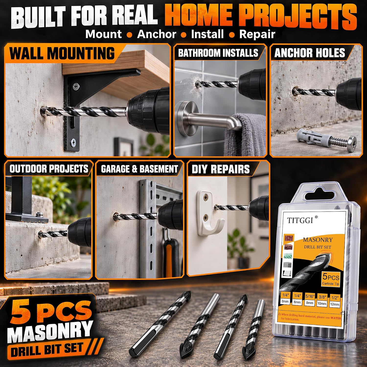 5-Piece Masonry Drill Bit Set & Concrete Drill Bit Set, 5 Sizes, 1/4"-1/2"
