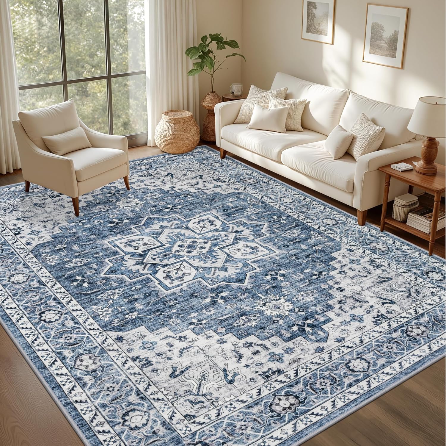 5x7 Area Rugs Living Room: Washable Vintage Rug for Bedroom Blue