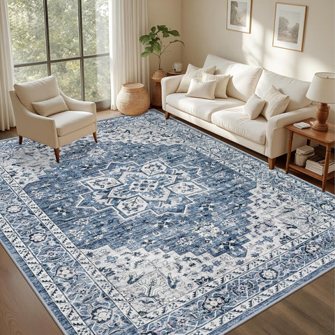 5x7 Area Rugs Living Room: Washable Vintage Rug for Bedroom Blue